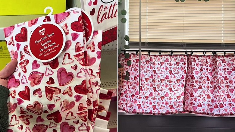 Split image showing person buying the flour sack towels in the store on the left and the completed cafe curtains on the right