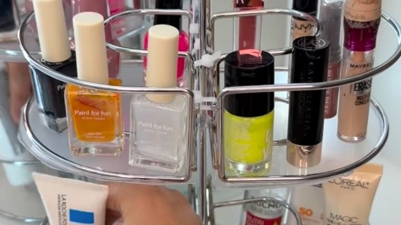 DIY makeup and accessory holder made from Dollar Tree items for bathroom counter
