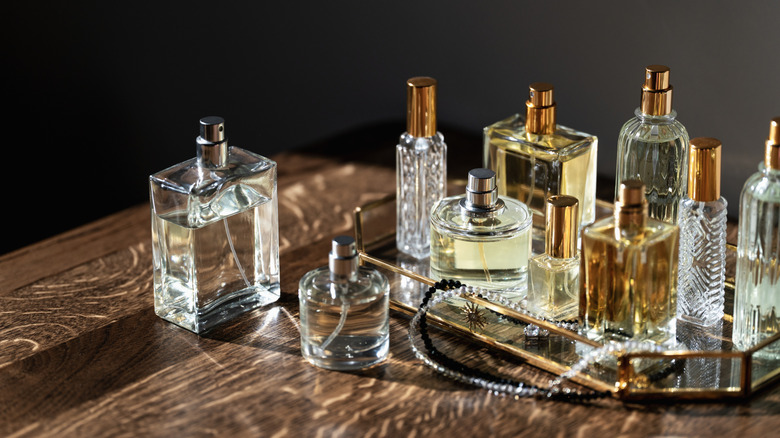 Perfume bottles on a tray