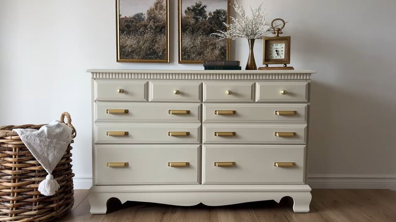 1970s Colonial revival dresser painted white with modern drawer pulls