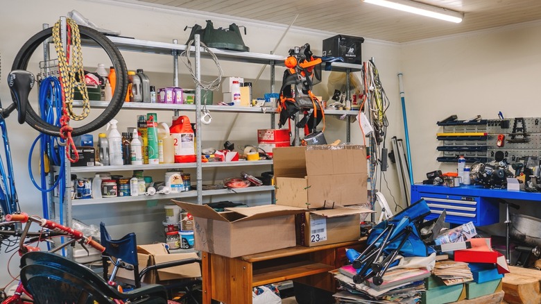 A shelving unit in a garage
