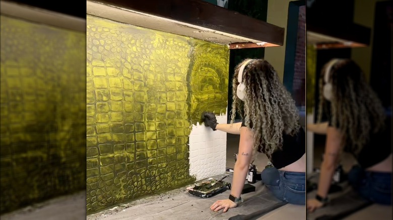 A DIY kitchen islands made to look like reptile scales.