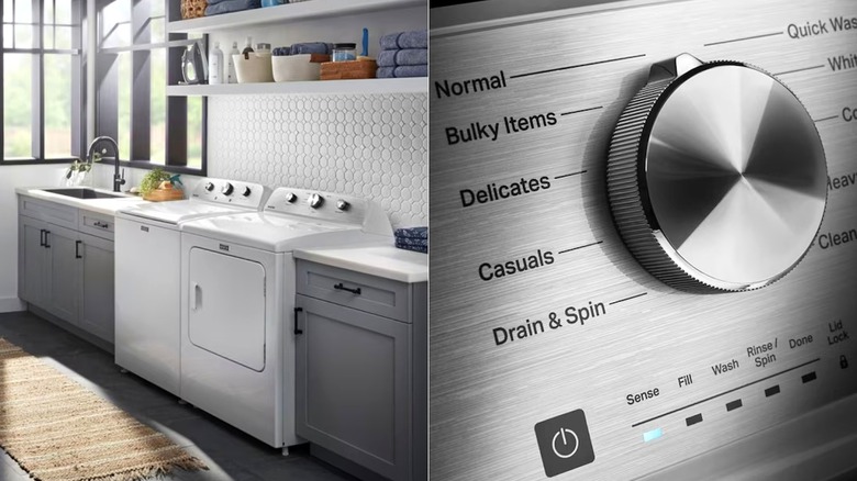 Split image of a Maytag Deep Fill High Efficiency Agitator Large ( 4.5-cu ft ) Top-Load Washer and control panel