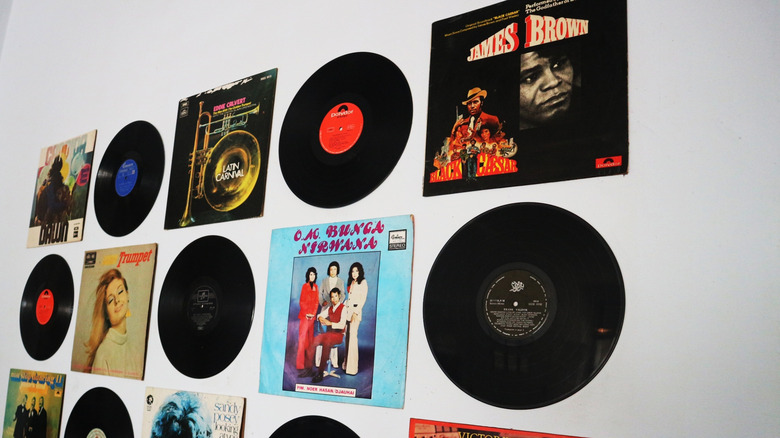Vinyl records displayed on a wall
