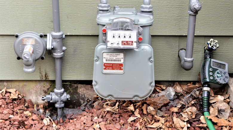A gas meter on the outside wall of a home with mulch below it.