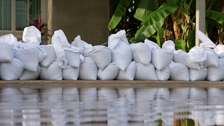 Sandbags being used as a barrier for flood protection