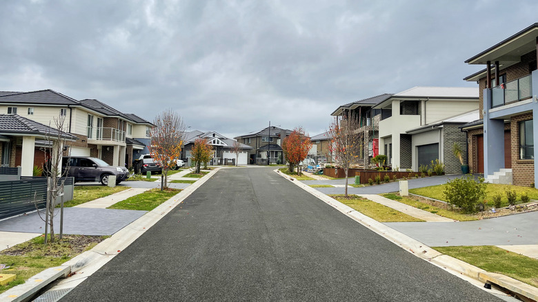 A series of homes line the street in a suburban neighborhood under a cloudy sky.