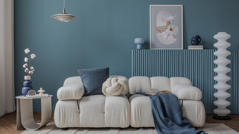 Living room with a blue accent wall