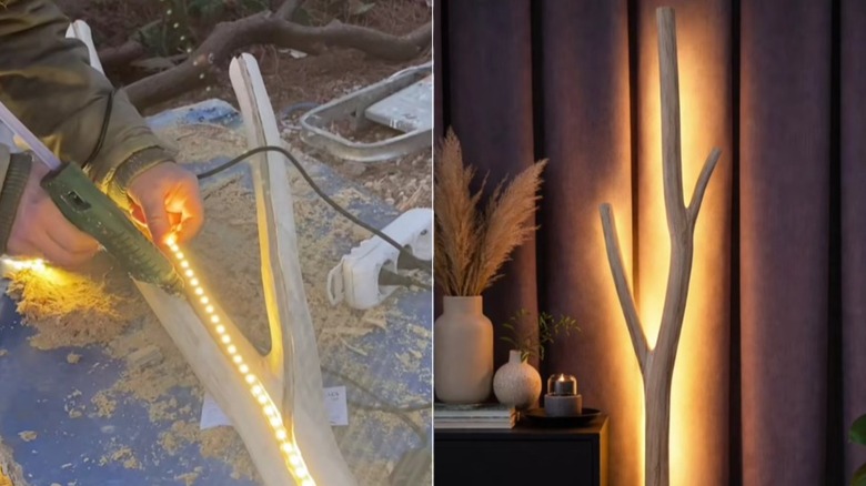 Split image of using a hot glue gun to attach the rope lights, and the final branch lamp