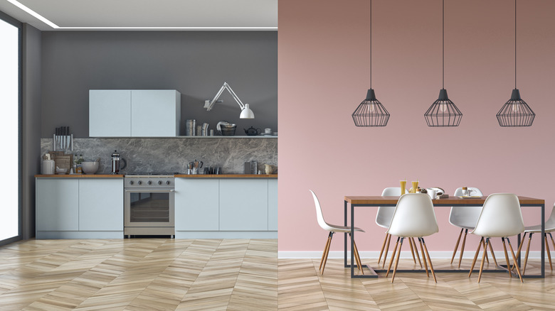 Pink and gray dining area