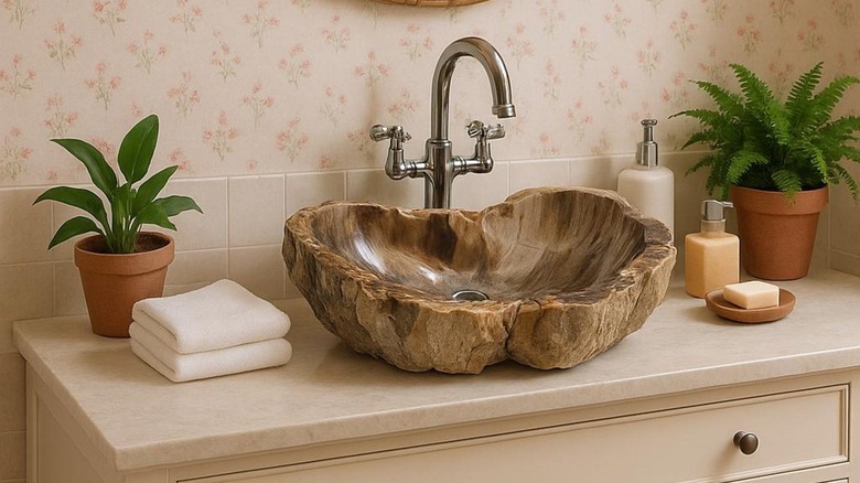 Petrified wood sink with stone-top vanity in bathroom