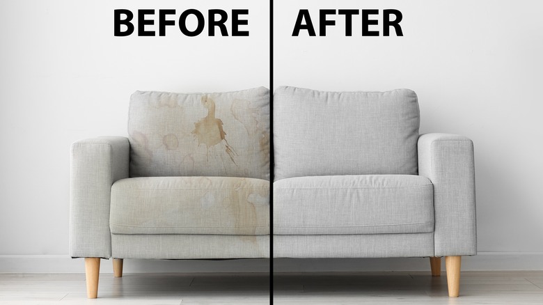 a couch before and after cleaning
