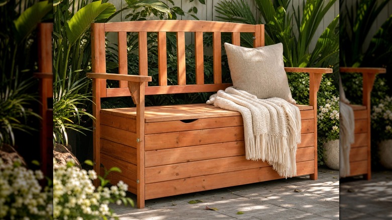 Cedar bench on patio