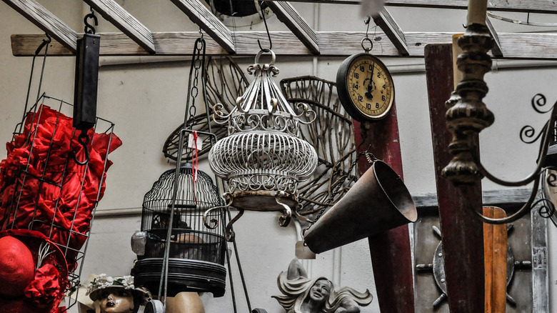 Bird cages and other hanging paraphernalia for sale at a thrift store