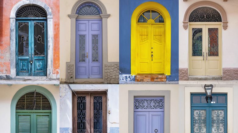 A collection of colorful doors edited in a grid