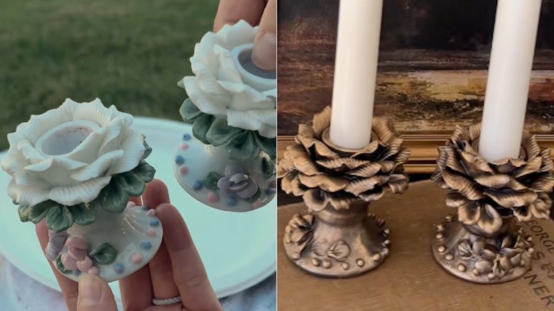 Screenshot of a video of a thrifter picking up a kitschy candle set