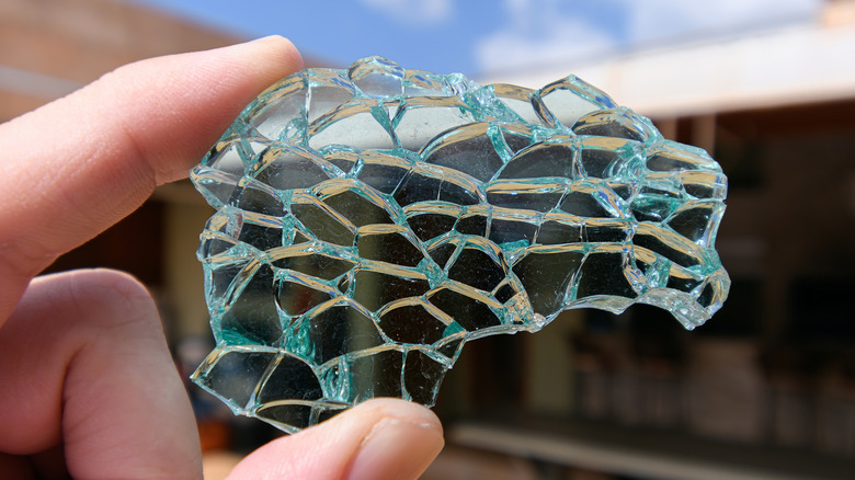 Fingers holding a shattered piece of tempered glass