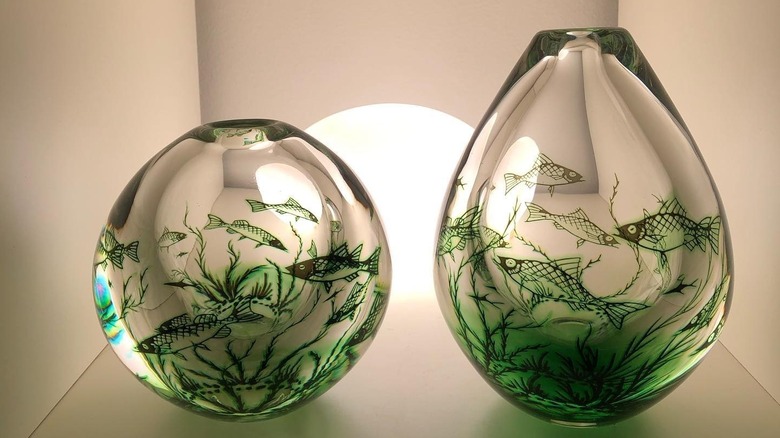 Two Orrefors Graal vases with green fish and sea fronds