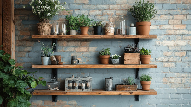 Rustic open wood shelves decorated with potted plants