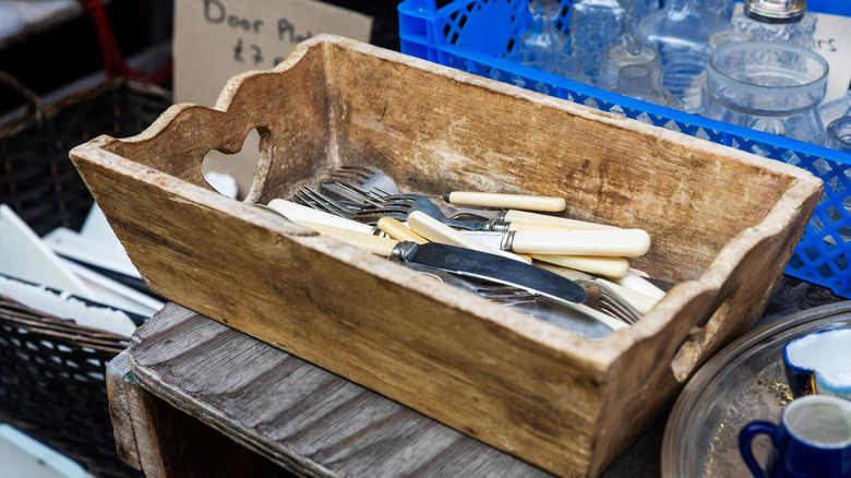 Vintage flatware in wood box