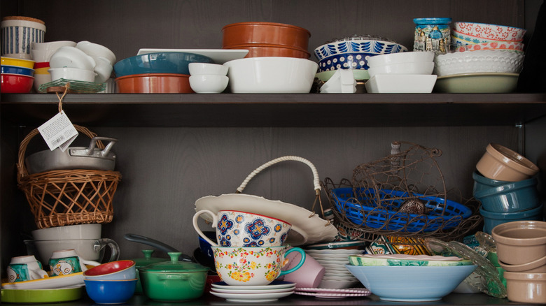 Cluttered kitchen shelves