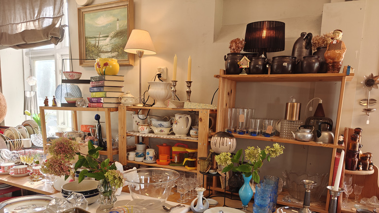 Home decor and kitchen items at a thrift store