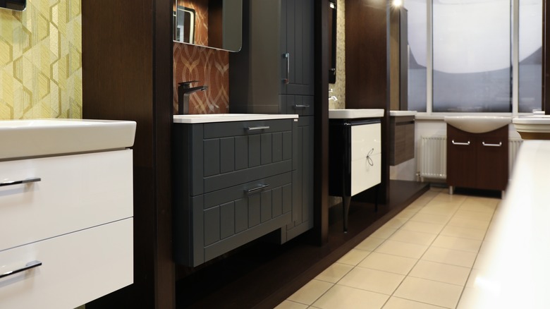 Several bathroom vanities in showroom