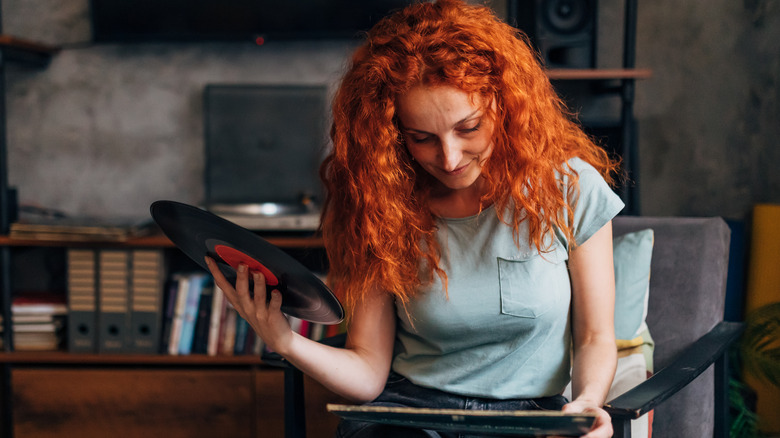 woman listning to records