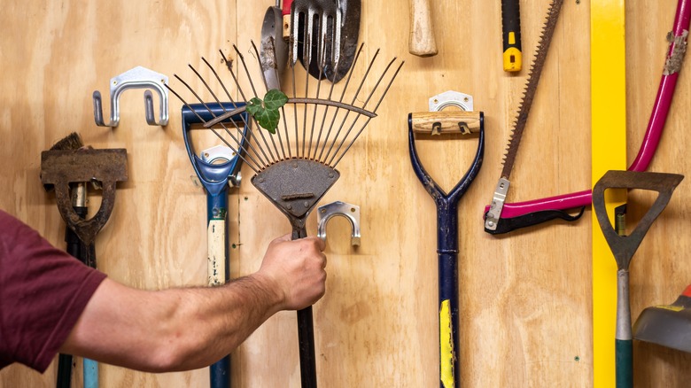 man reaching for gardening tools