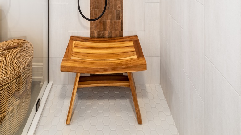 teak bench in shower