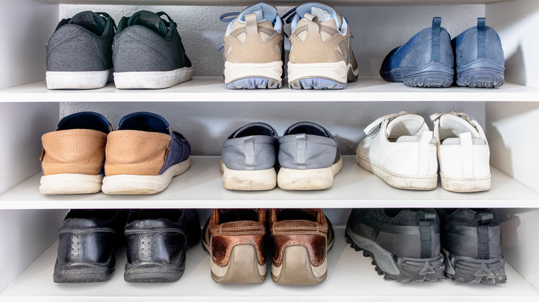 shoes on wooden shoe shelves