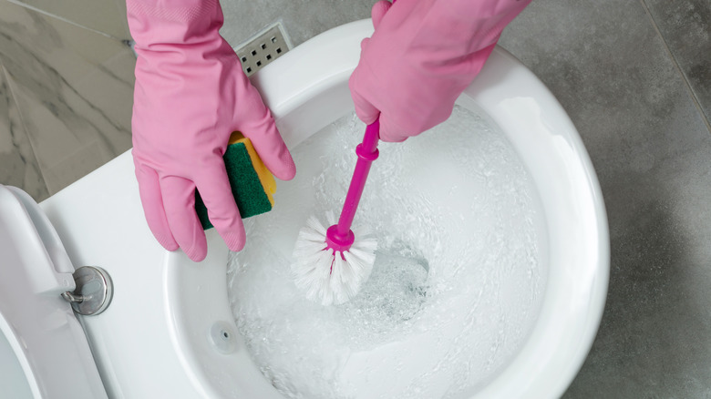 Cleaning toilet with gloves