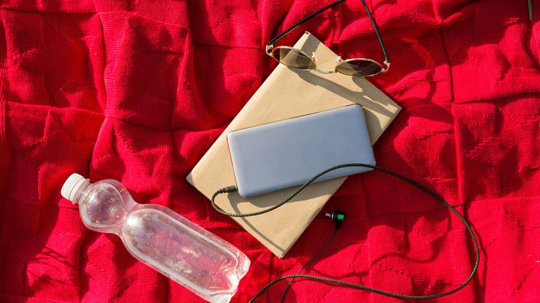 Water bottle, phone, sunglasses, headphones, and book on red blanket