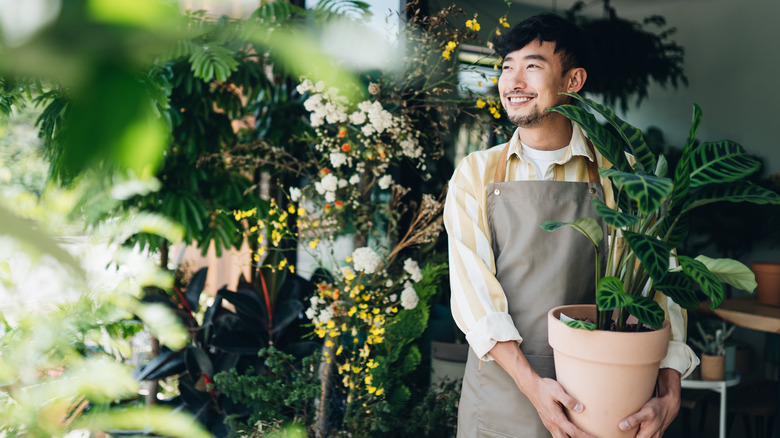 Man smiling holding plant