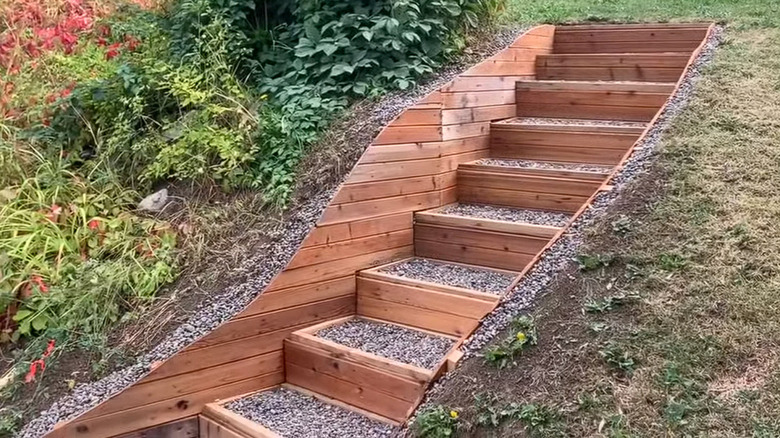 Elaborate pea gravel stairway