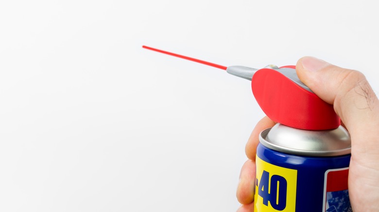 Hand spraying WD-40 can