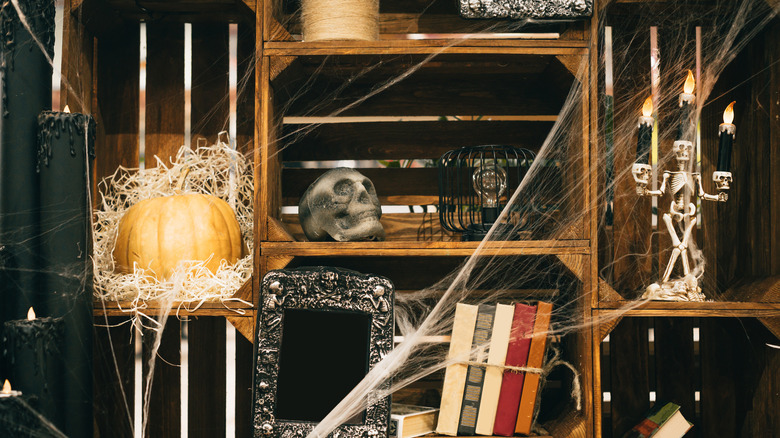 books and Halloween decoations