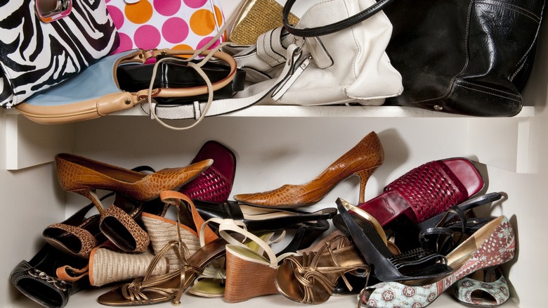 cluttered shoe shelf