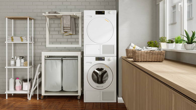 Organized laundry room with rack