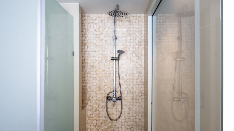 A thin shower with a back wall covered in mosaic tiles and silver shower head