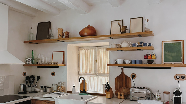 wooden floating shelves in kitchen
