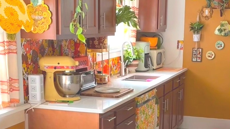 retro 70s kitchen with floral patterns