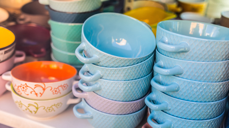 colorful vintage dishes stacked up