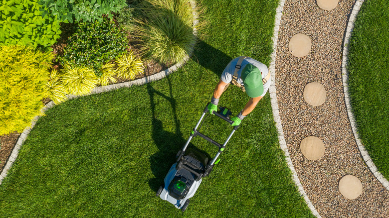 mowing a lawn