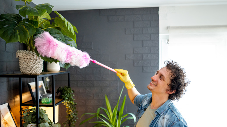 man dusting plants