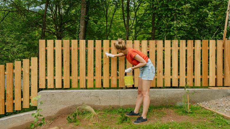 A blonde woman in a red shirt paints a long picket fence