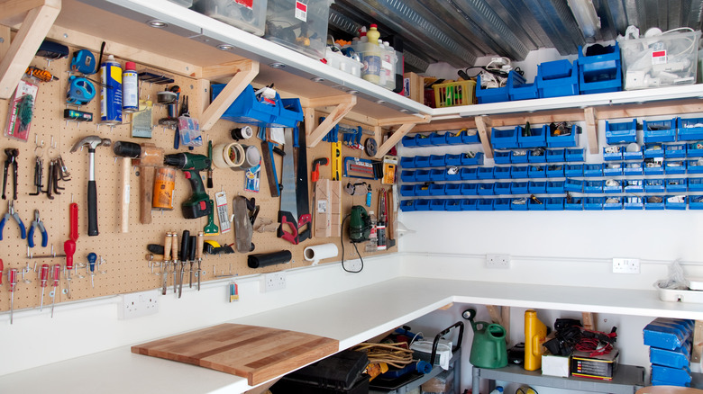 Tools stored on the wall in the garage