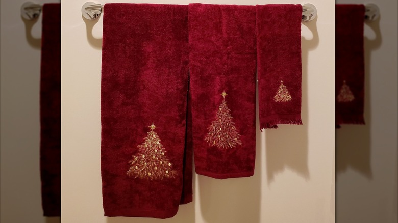 Christmas towels on towel bar
