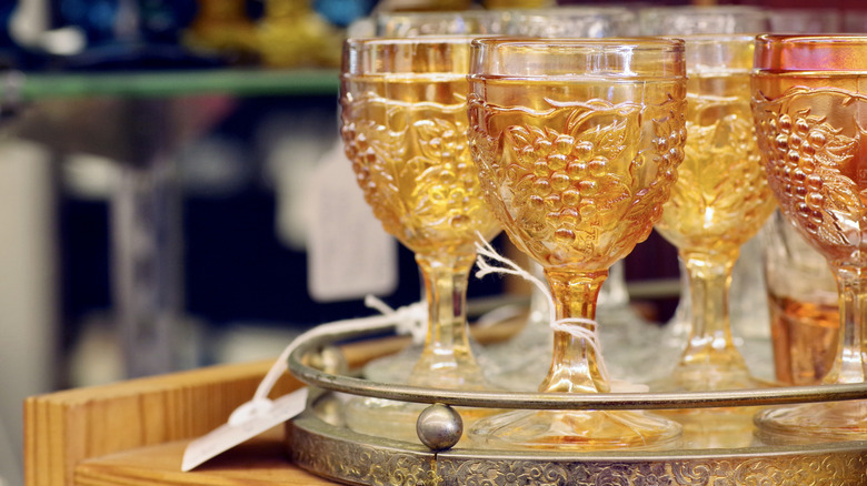 vintage marigold carnival glasses with price tags