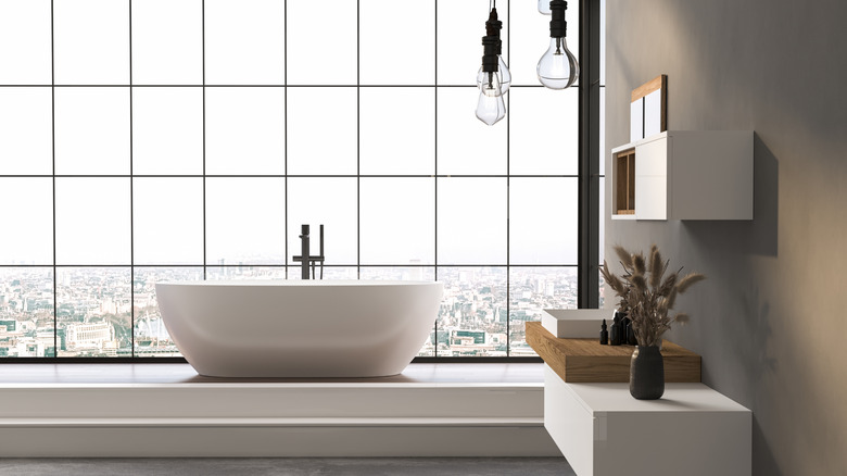 White bathroom fixtures against big window